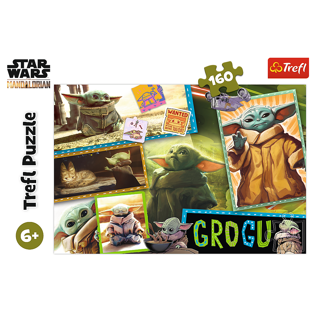 Ein Star Wars Trefl Puzzle zeigt verschiedene Bilder von Grogu aus The Mandalorian.