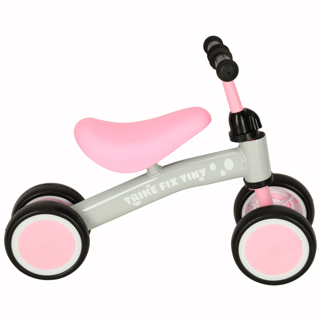 Pequeña bicicleta de equilibrio gris y rosa para niños con cuatro ruedas y texto Trike Fix Tiny.