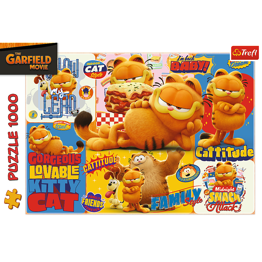 Garfield-Puzzlecollage mit orangefarbenen Katzenzenen, Lasagne, Hund, Text und Filmmotiv.