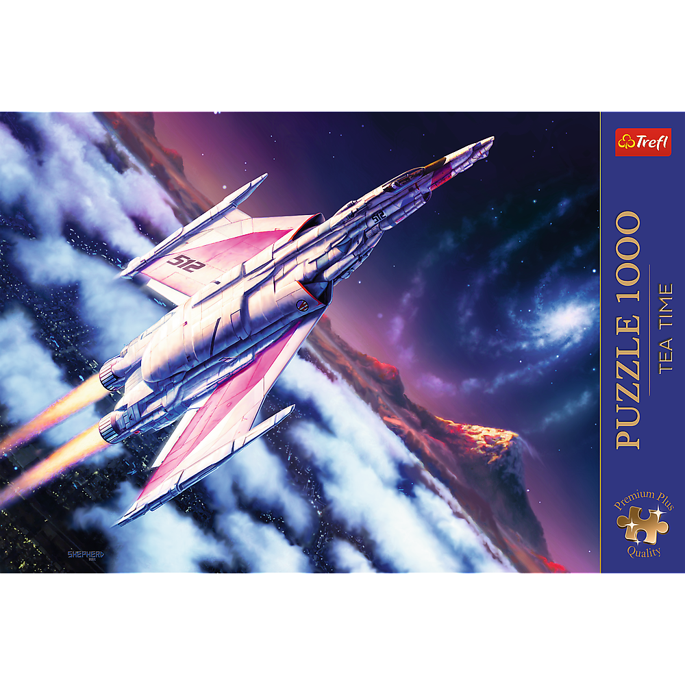 Una nave espacial blanca y rosa vuela sobre nubes, con una galaxia morada y una montaña al fondo.