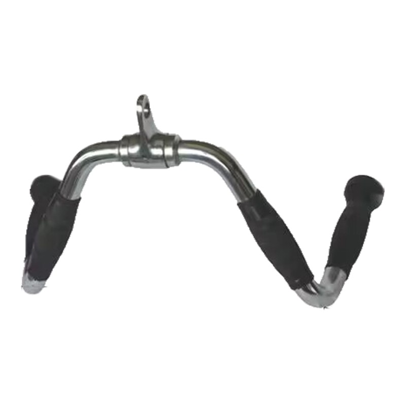 Accesorio de cable cromado para gimnasio con empuñaduras de goma negra y argolla central.
