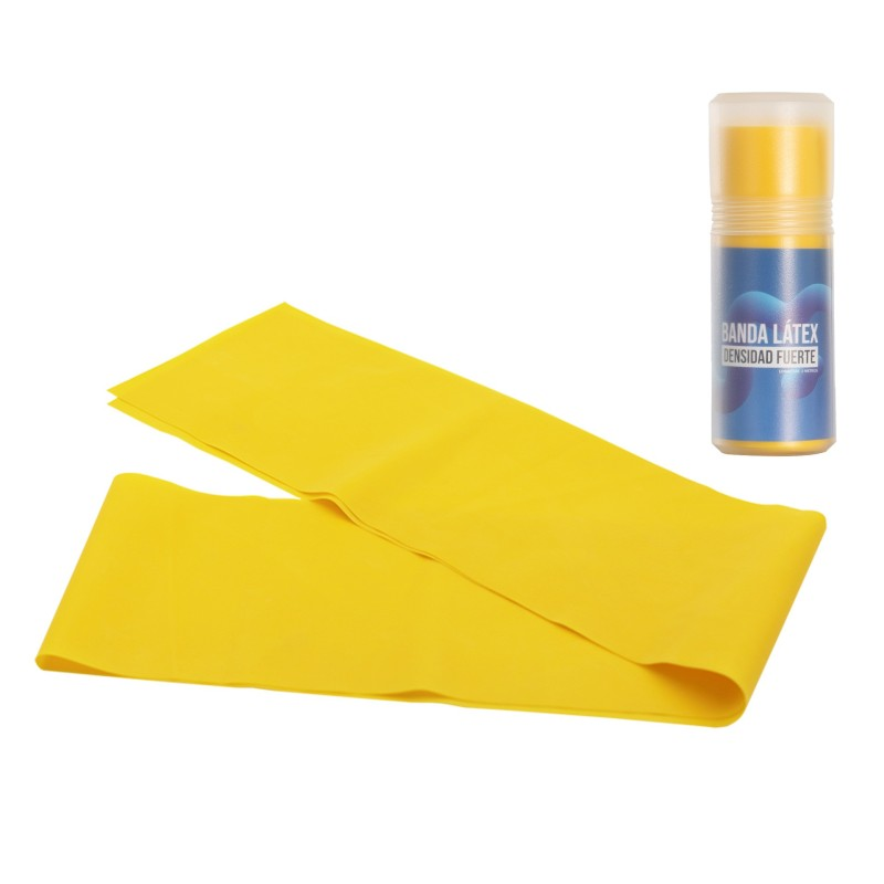 Banda de resistencia de látex amarilla doblada junto a su recipiente de almacenamiento azul y amarillo.
