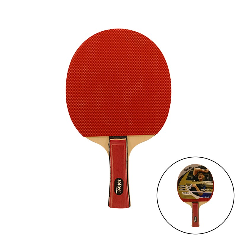 Una raqueta de tenis de mesa roja sobre fondo blanco con un recuadro circular que muestra su embalaje.
