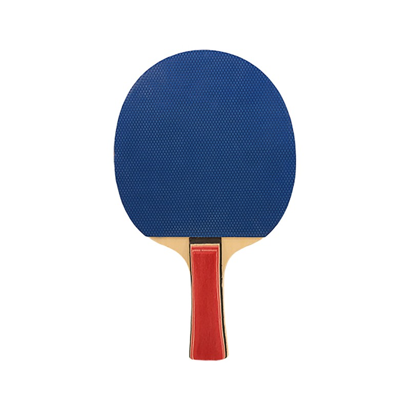Una raqueta de tenis de mesa azul con mango de madera y acento rojo sobre fondo blanco.