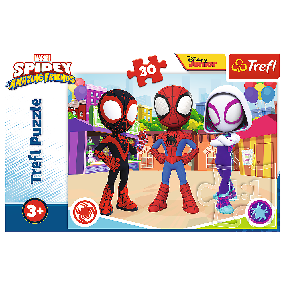 Puzzle Trefl da 30 pezzi di Marvel Spidey e i suoi fantastici amici con tre eroi in città e sfondi colorati.