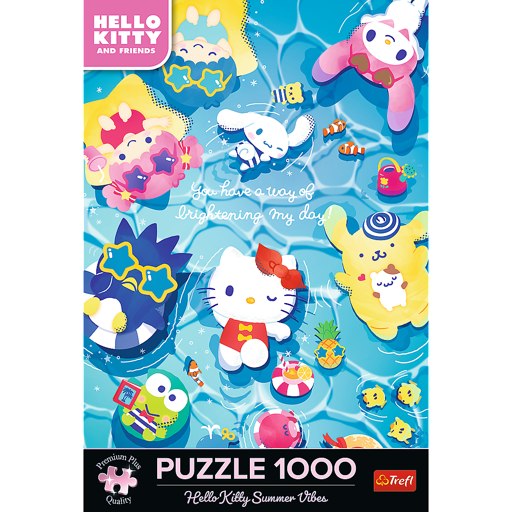 Hello Kitty und Freunde schwimmen fröhlich im blauen Wasser, umgeben von bunten Sommeraccessoires.