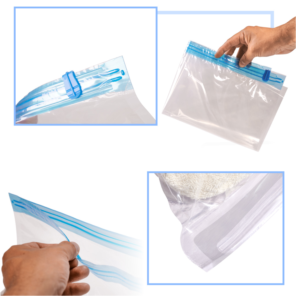 Cuatro imágenes muestran el uso de bolsas de vacío con cierre azul y clip.