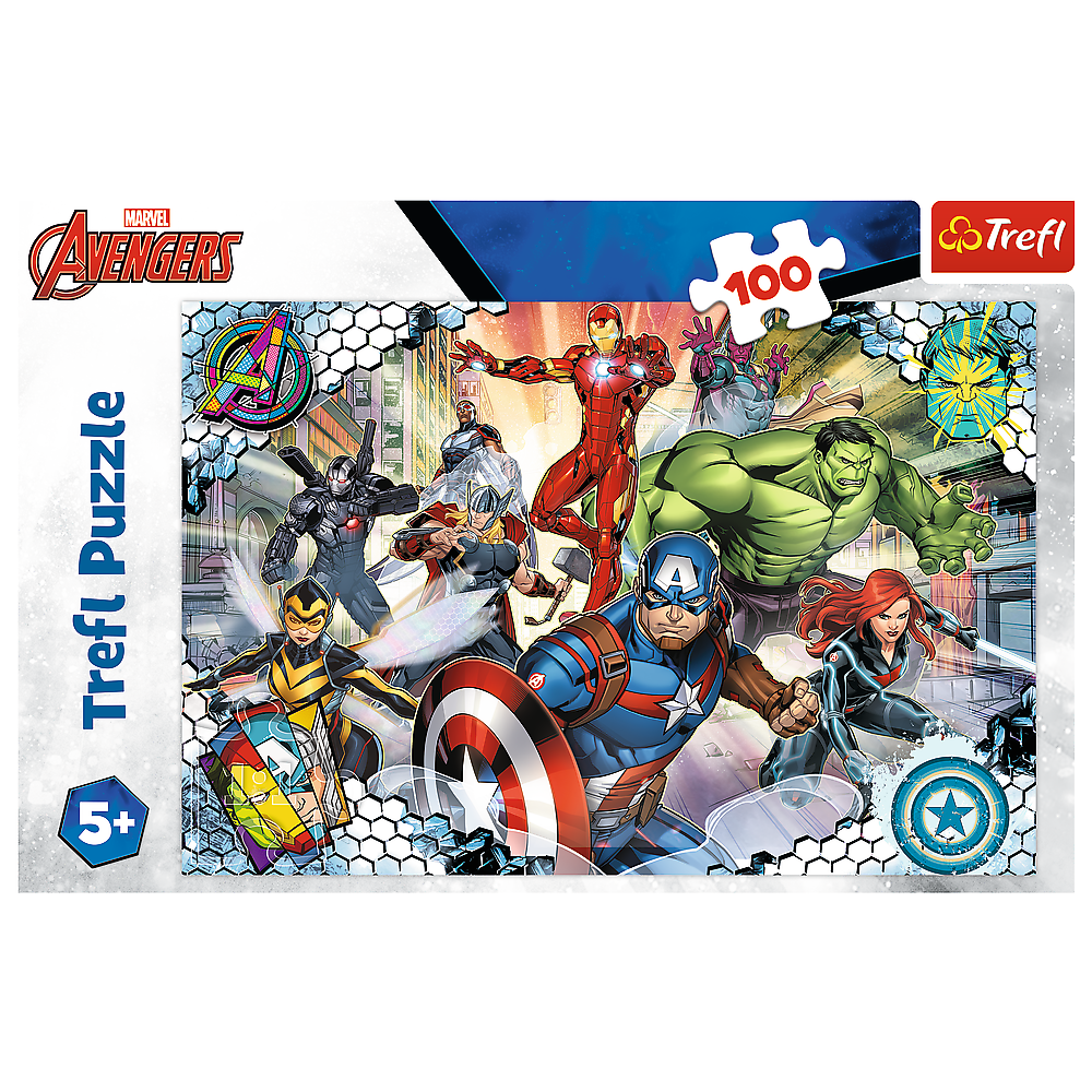 A 100-piece Marvel Avengers jigsaw puzzle box featuring Iron Man, Captain America, Hulk, and other heroes.