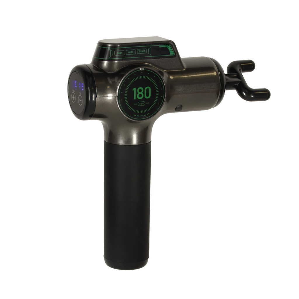 Una pistola de masaje gris y negra con una pantalla verde redonda que muestra el número 180.