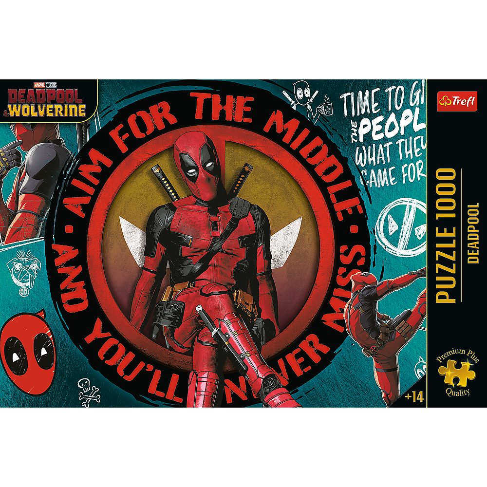 Deadpool-Puzzle box featuring Deadpool with swords and text.