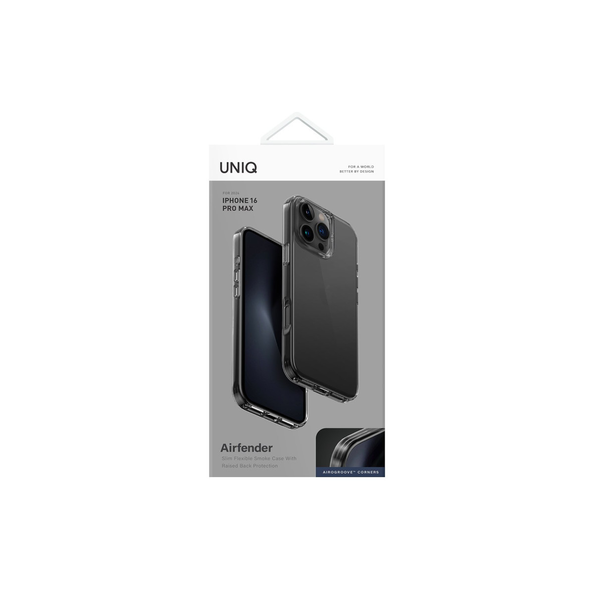 Airfender yazılı şeffaf iPhone 16 Pro Max kılıfı için ambalaj.