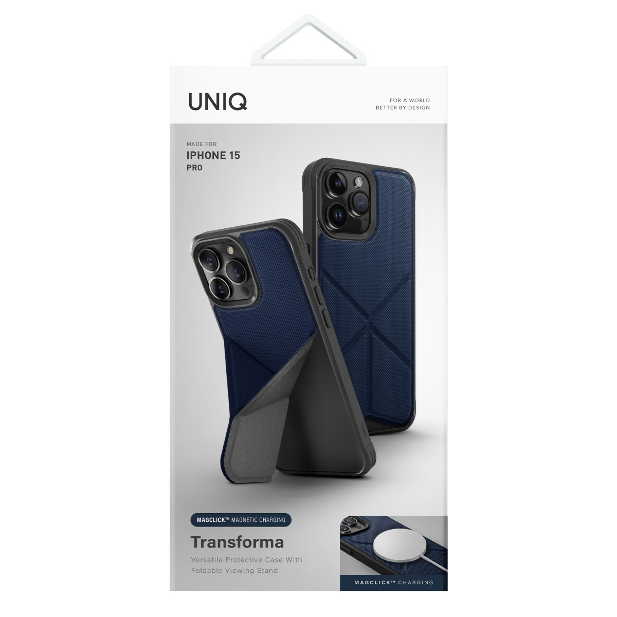 Dahili standa ve MagClick şarj özelliğine sahip mavi bir iPhone 15 Pro kılıfı ambalajı.