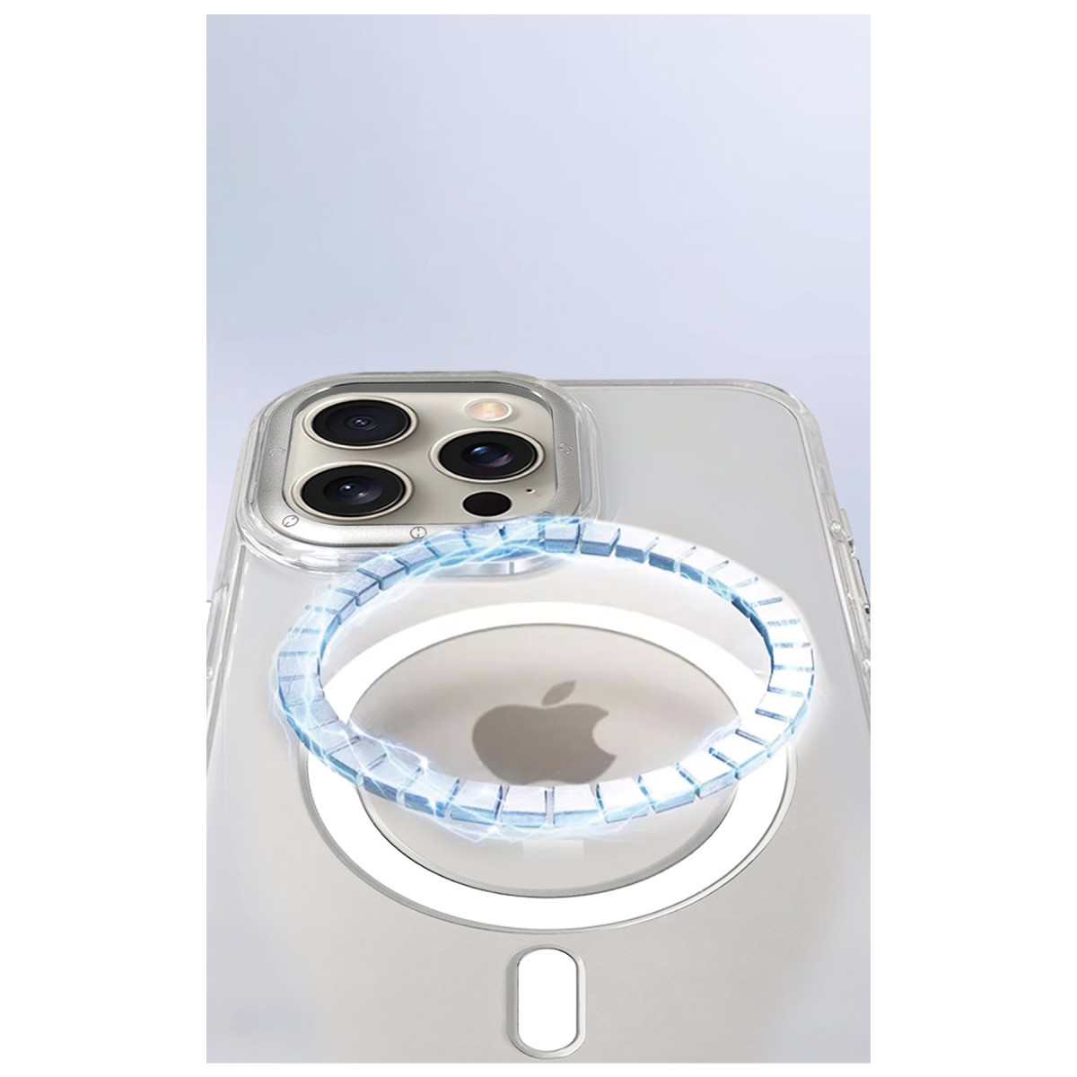 Apple logosu üzerinde parlayan manyetik halkaya sahip şeffaf kılıflı bir akıllı telefonun arkası.