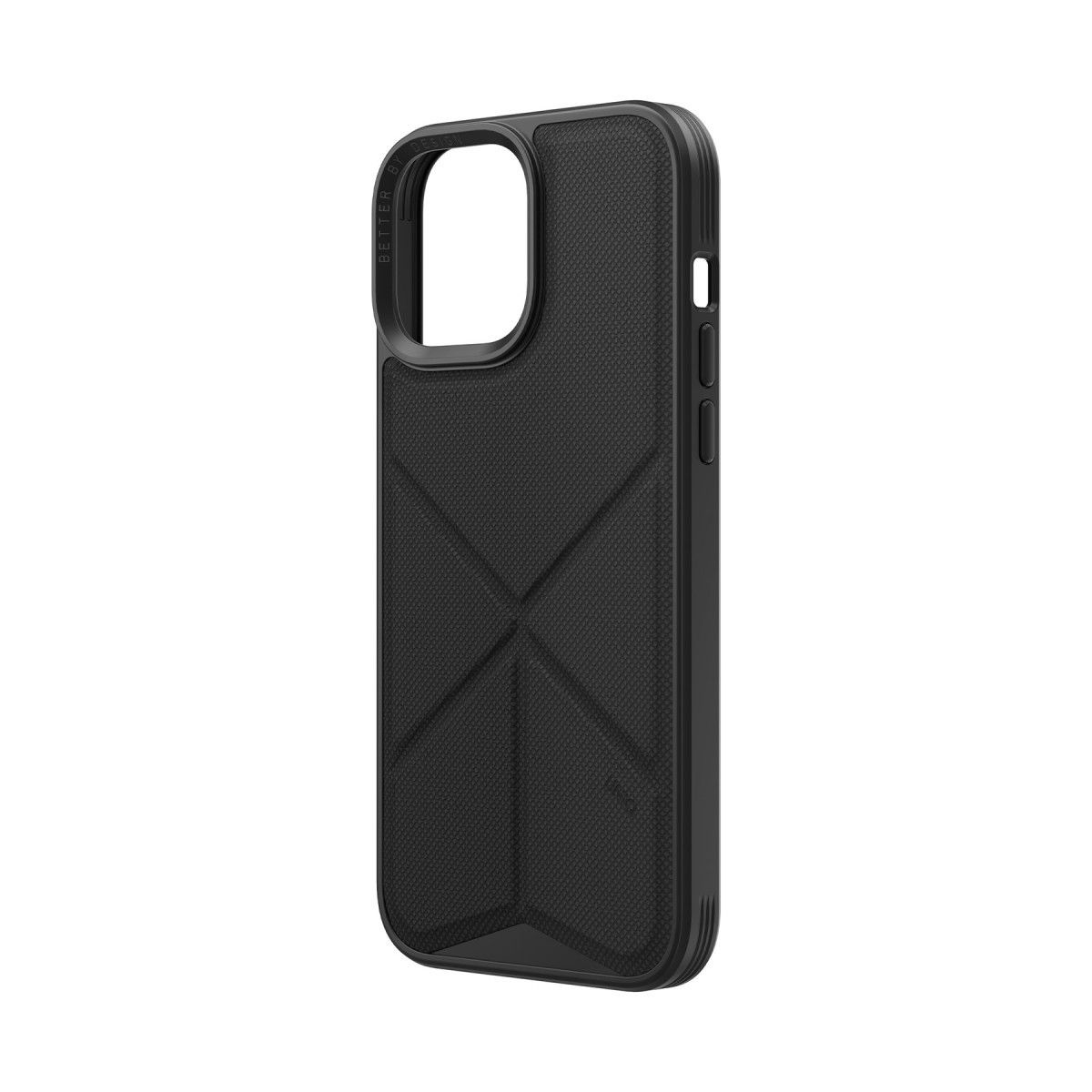 Beyaz arka planda dokulu sırt, X şeklinde desen ve kamera çıkıntısına sahip siyah bir akıllı telefon kılıfı.