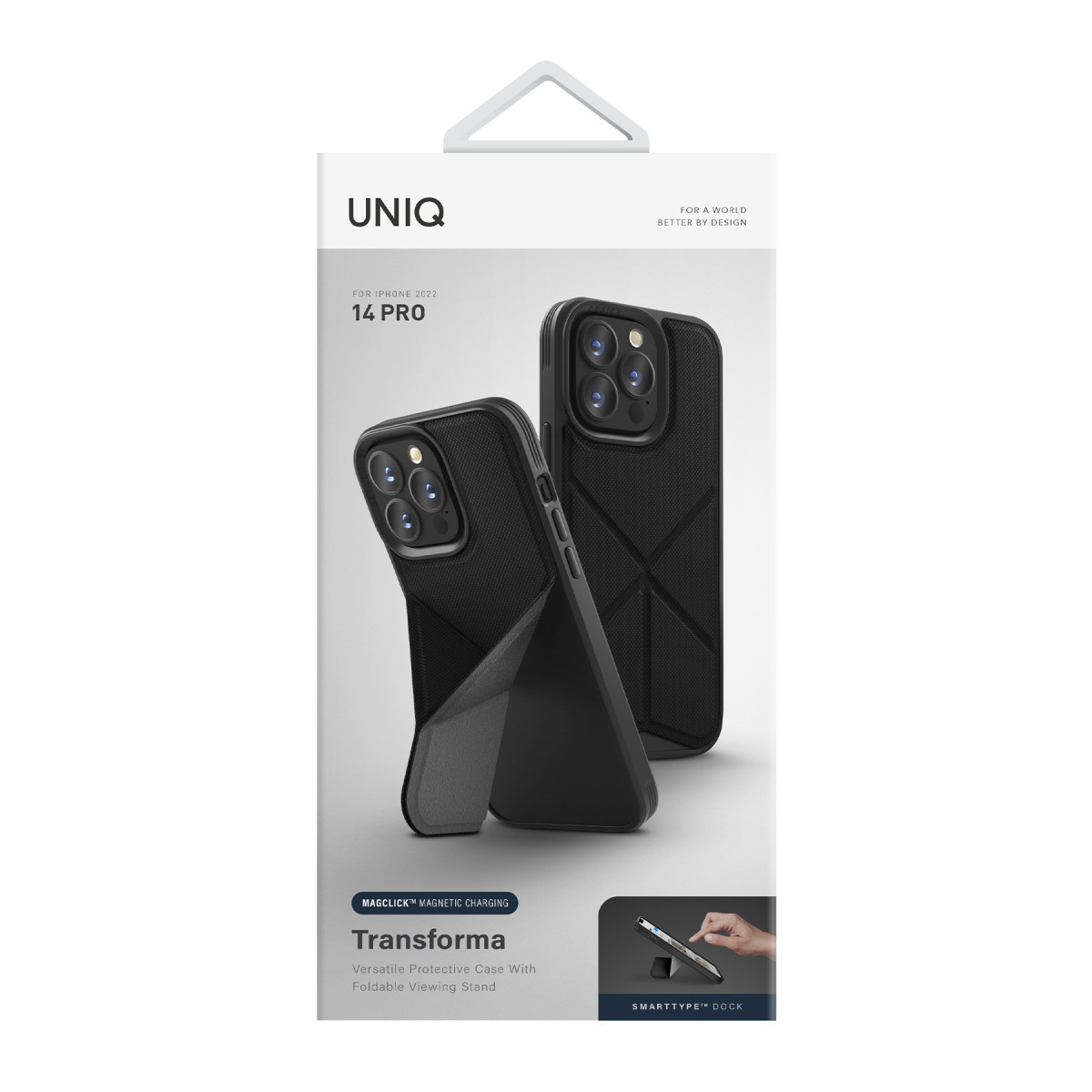 Katlanabilir standlı UNIQ Transforma iPhone 14 Pro koruyucu kılıf için ürün ambalajı.