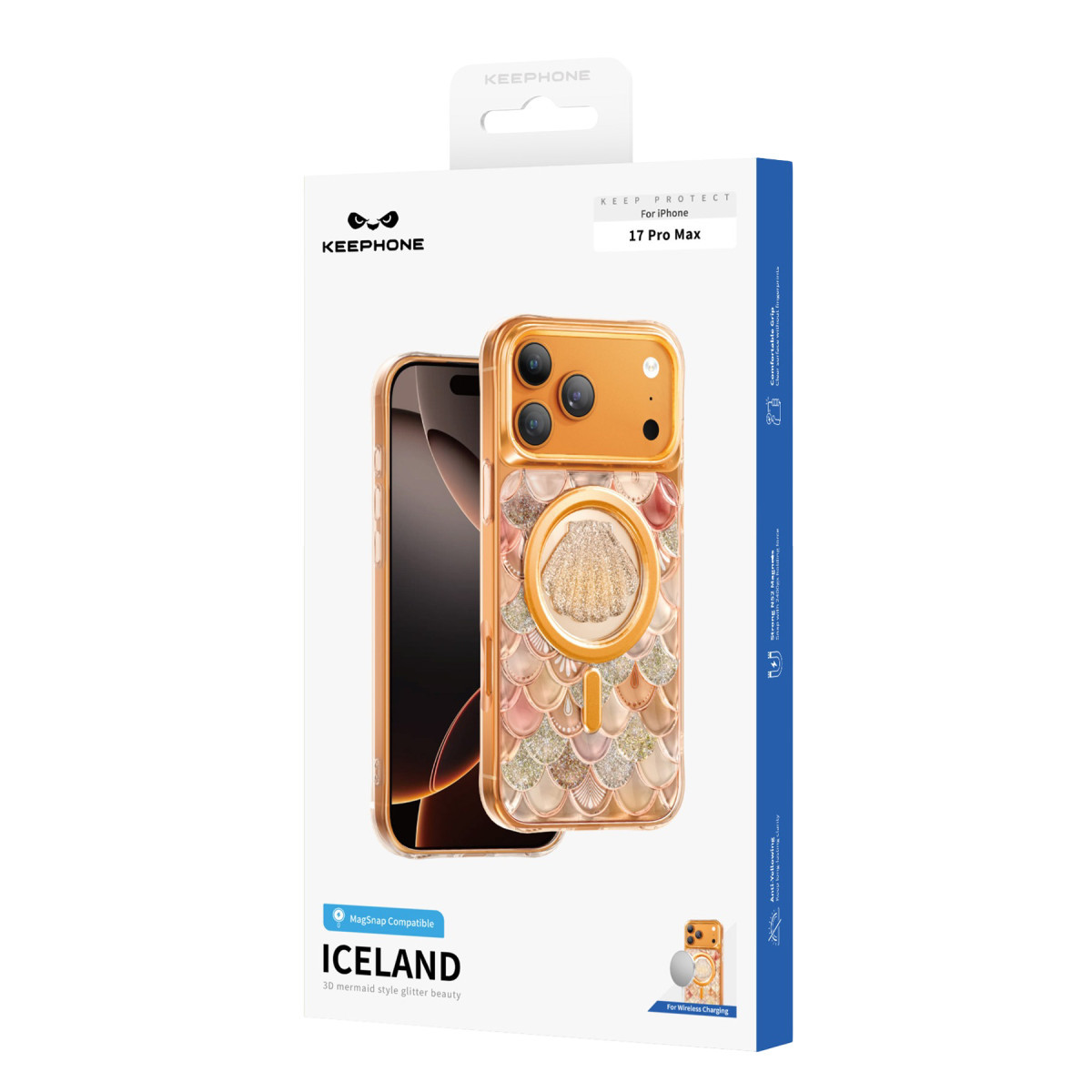 Altın rengi iPhone 17 Pro Max kılıfı için balık pulu desenli ve deniz kabuğu motifli ambalaj kutusu.