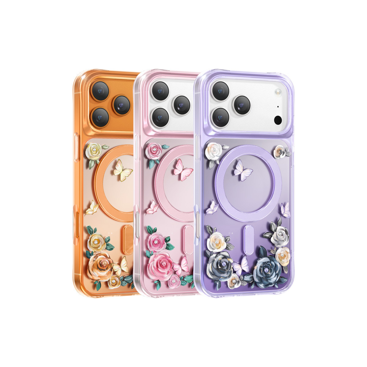 Beyaz arka planda turuncu, pembe ve mor kılıflı, 3D çiçek ve kelebek motifli üç akıllı telefon.
