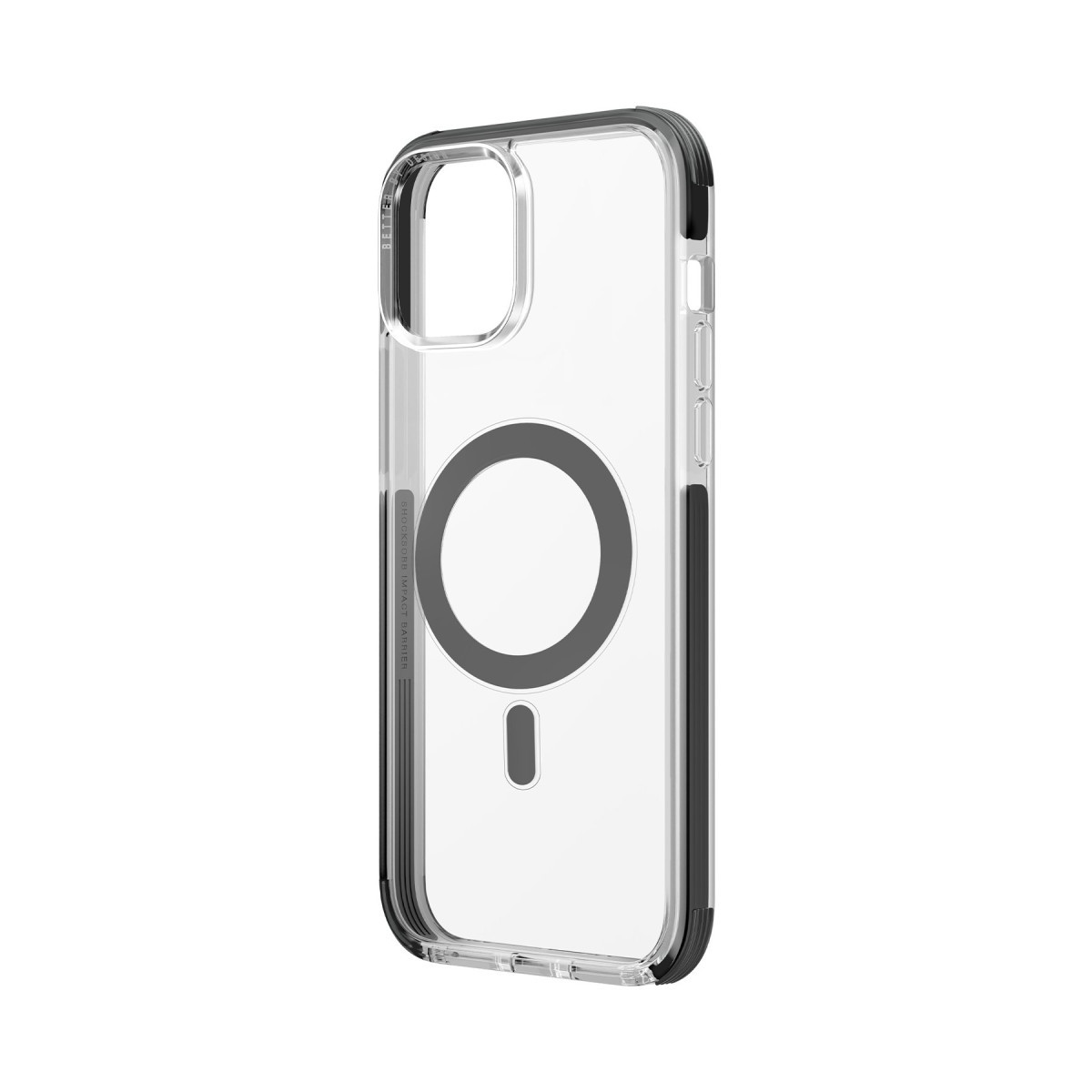 Beyaz arka planda siyah manyetik halkalı ve koyu kenarlı şeffaf telefon kılıfı.