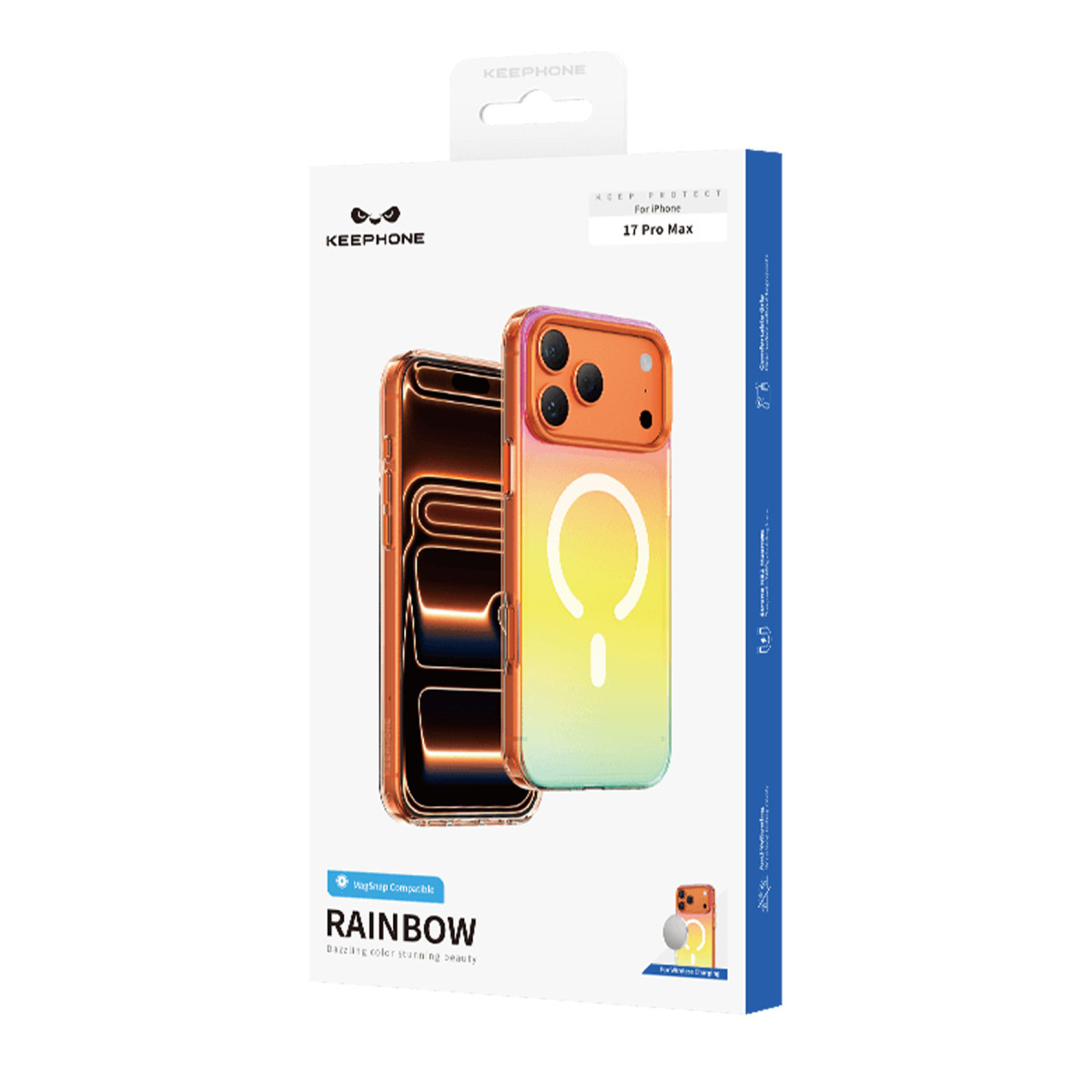 Gökkuşağı geçişli tasarıma ve MagSnap uyumluluğuna sahip KEEPHONE 17 Pro Max kılıf kutusu.