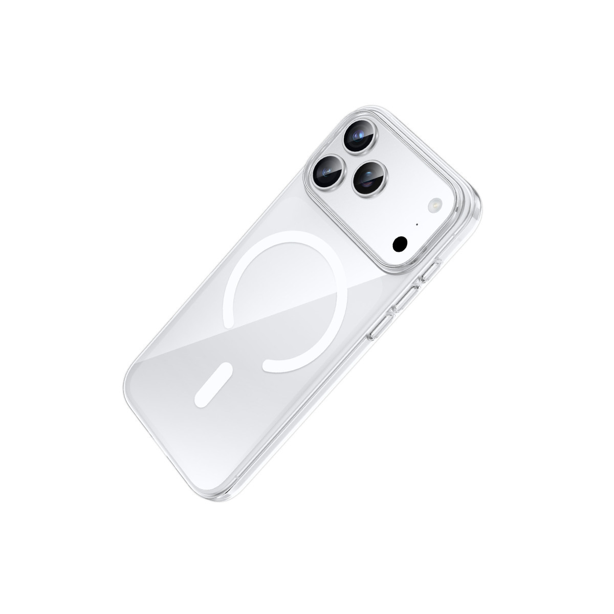 Arkada MagSafe halkası ve üç kamera için kesimi olan şeffaf telefon kılıfı.
