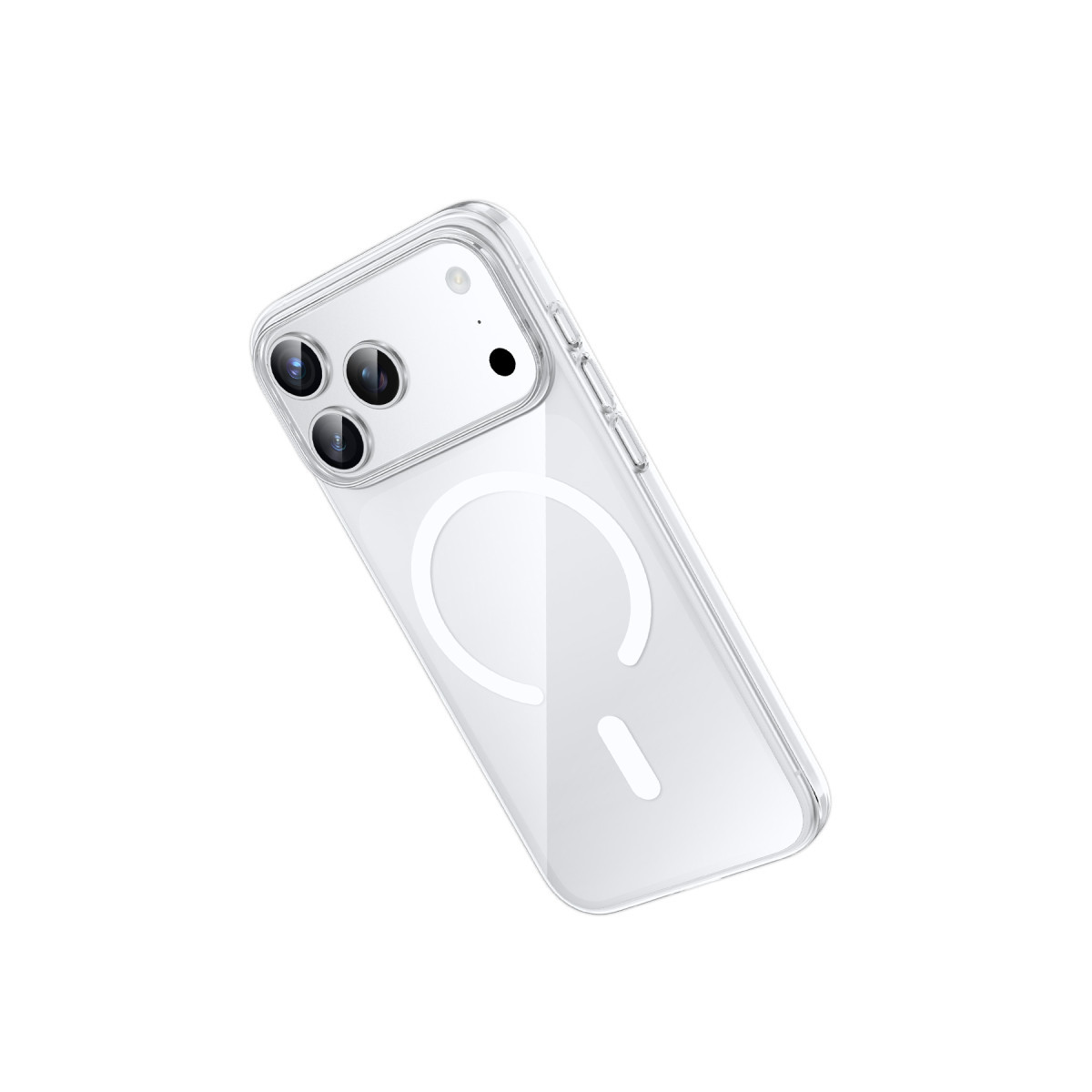 Arkasında MagSafe halkası olan şeffaf akıllı telefon kılıfı, beyaz arka planda çapraz duruyor.