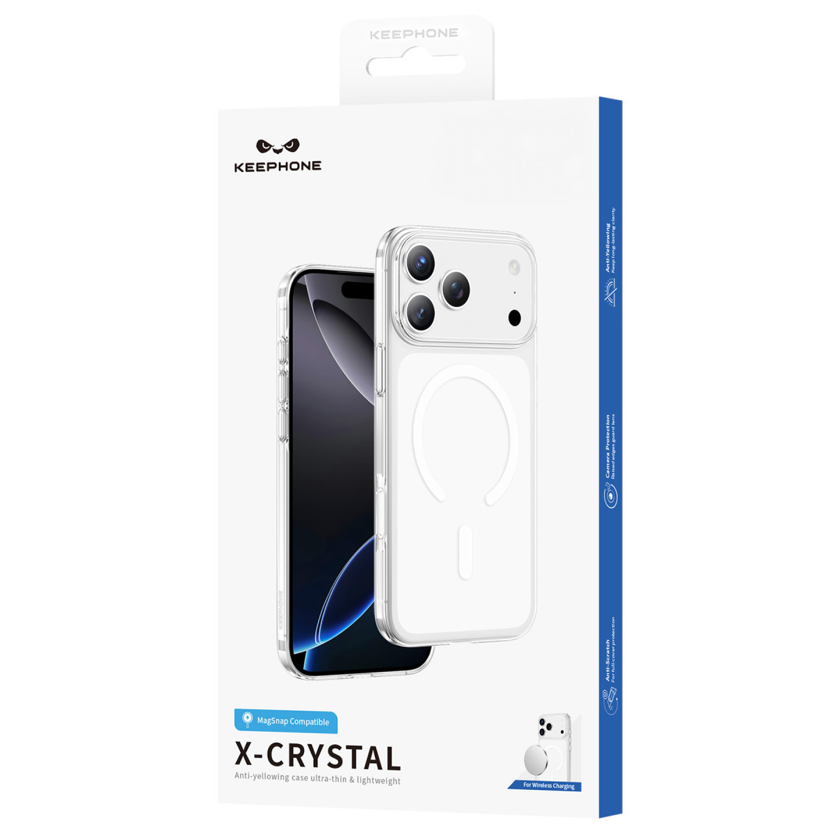 Magsafe uyumlu KEEPHONE X-Crystal şeffaf telefon kılıfı ambalajı.