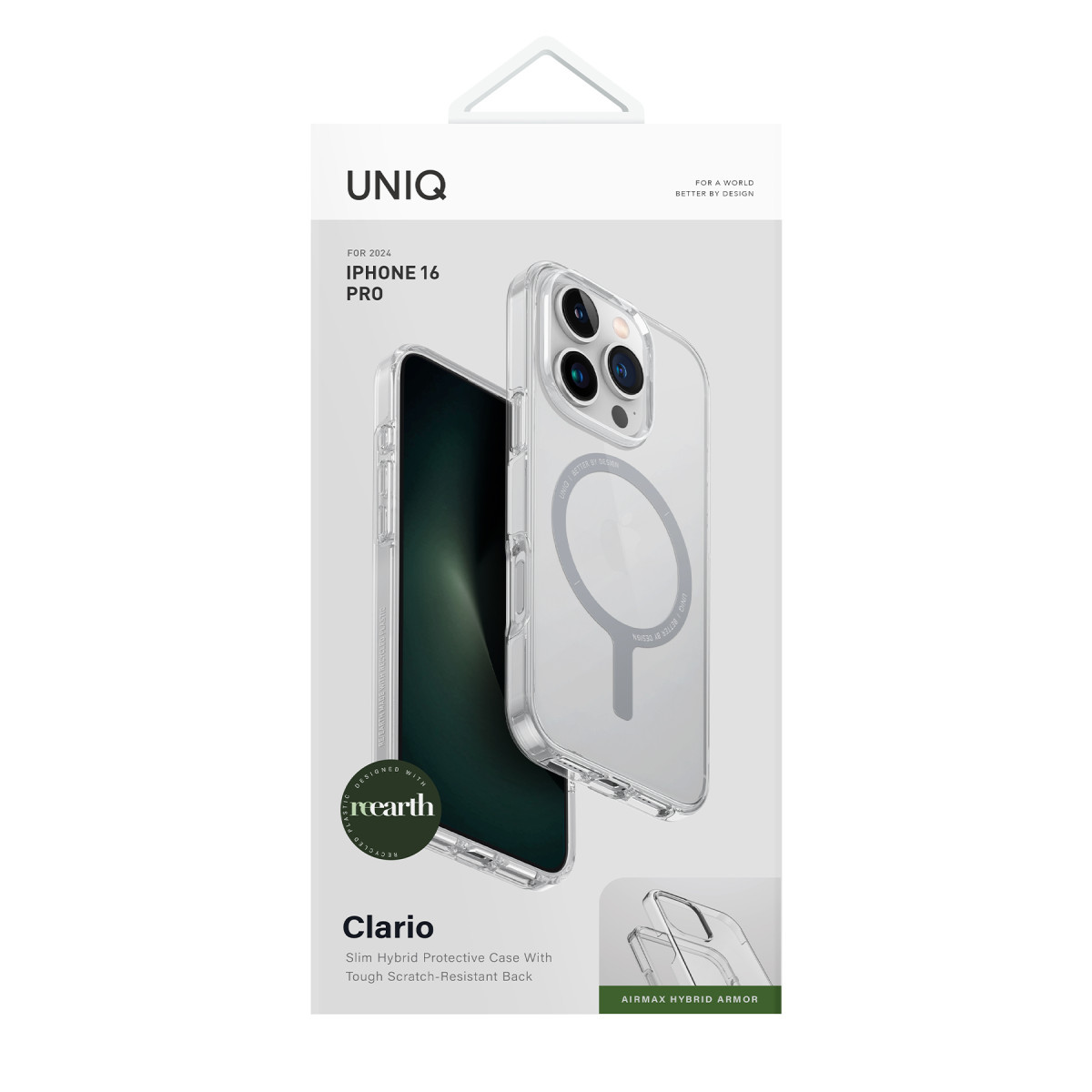 iPhone 16 Pro için Uniq Clario hibrit koruyucu kılıf ambalajı, şeffaf kılıf ve telefon grafiğiyle.