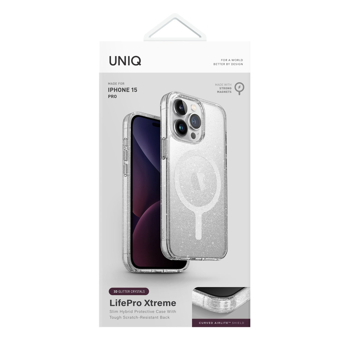 iPhone 15 Pro için UNIQ LifePro Xtreme kılıf ambalajı, parlak şeffaf kılıfın ön ve arka görünümlerini gösteriyor.