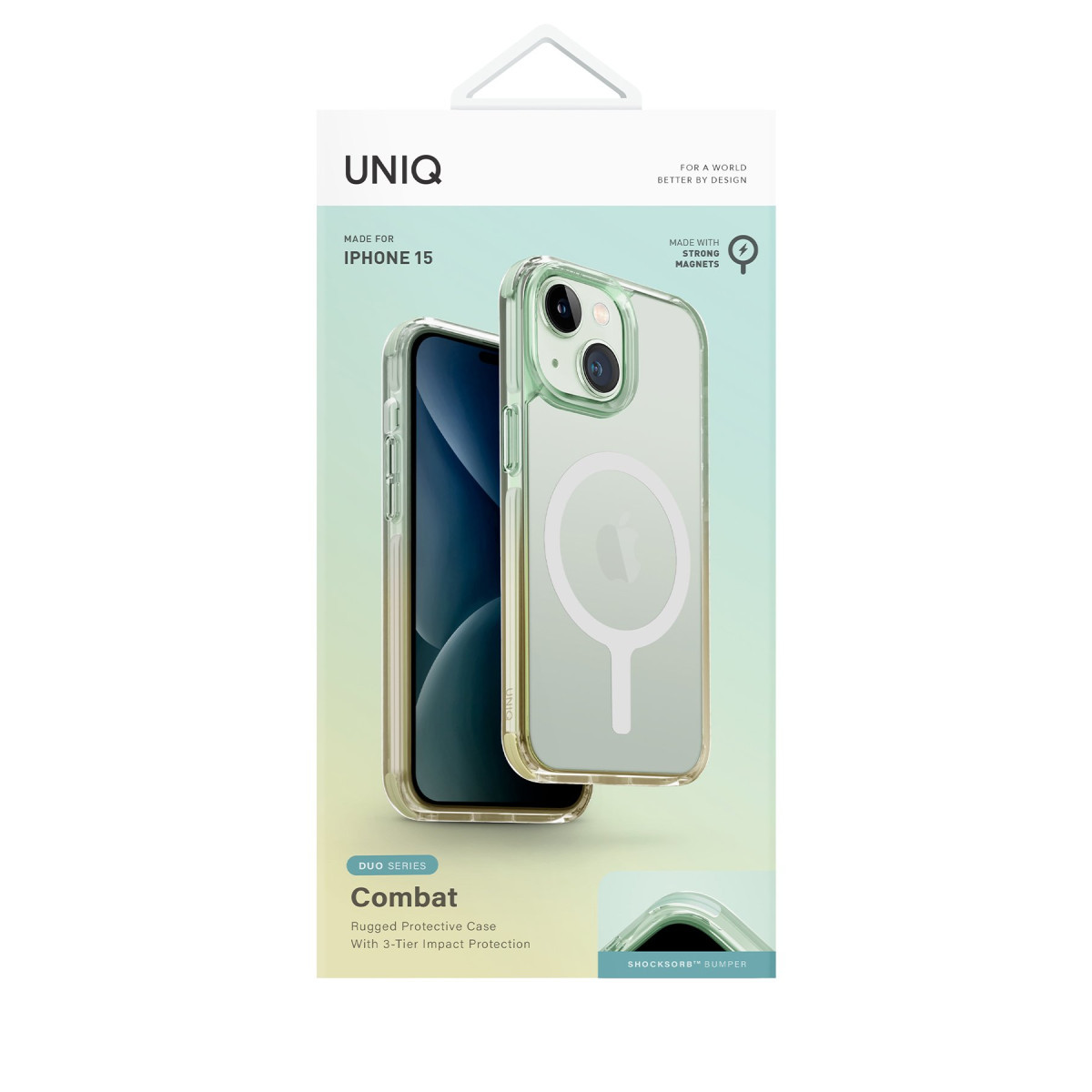 Açık yeşil renkli Uniq Combat iPhone 15 kılıf ambalajı, MagSafe halkalı ön ve arka görünümleriyle.