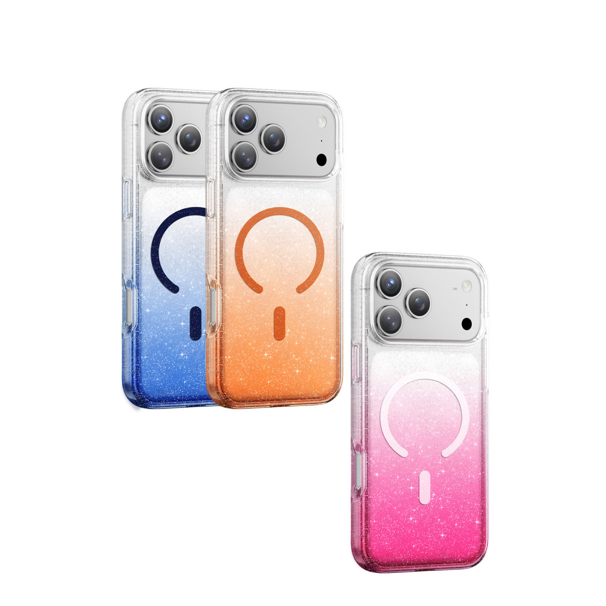 Mavi, turuncu ve pembe renkli, parıltılı degrade kılıflı üç akıllı telefon ve manyetik halka logosu.