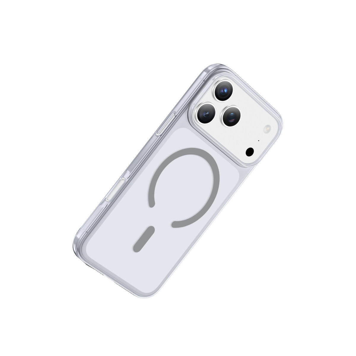 Arkasında manyetik halka ve dikey çizgi bulunan şeffaf akıllı telefon kılıfı, beyaz arka plan üzerinde.