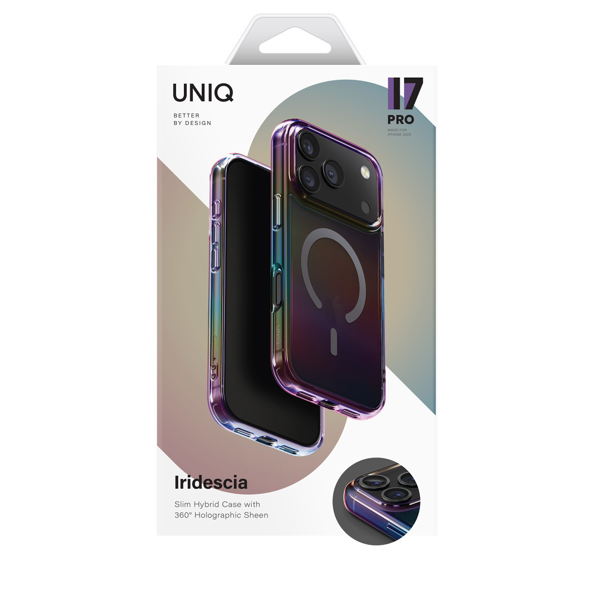 iPhone 17 Pro için yanardöner kaplamalı Iridescia ince hibrit kılıfın ürün ambalajı.