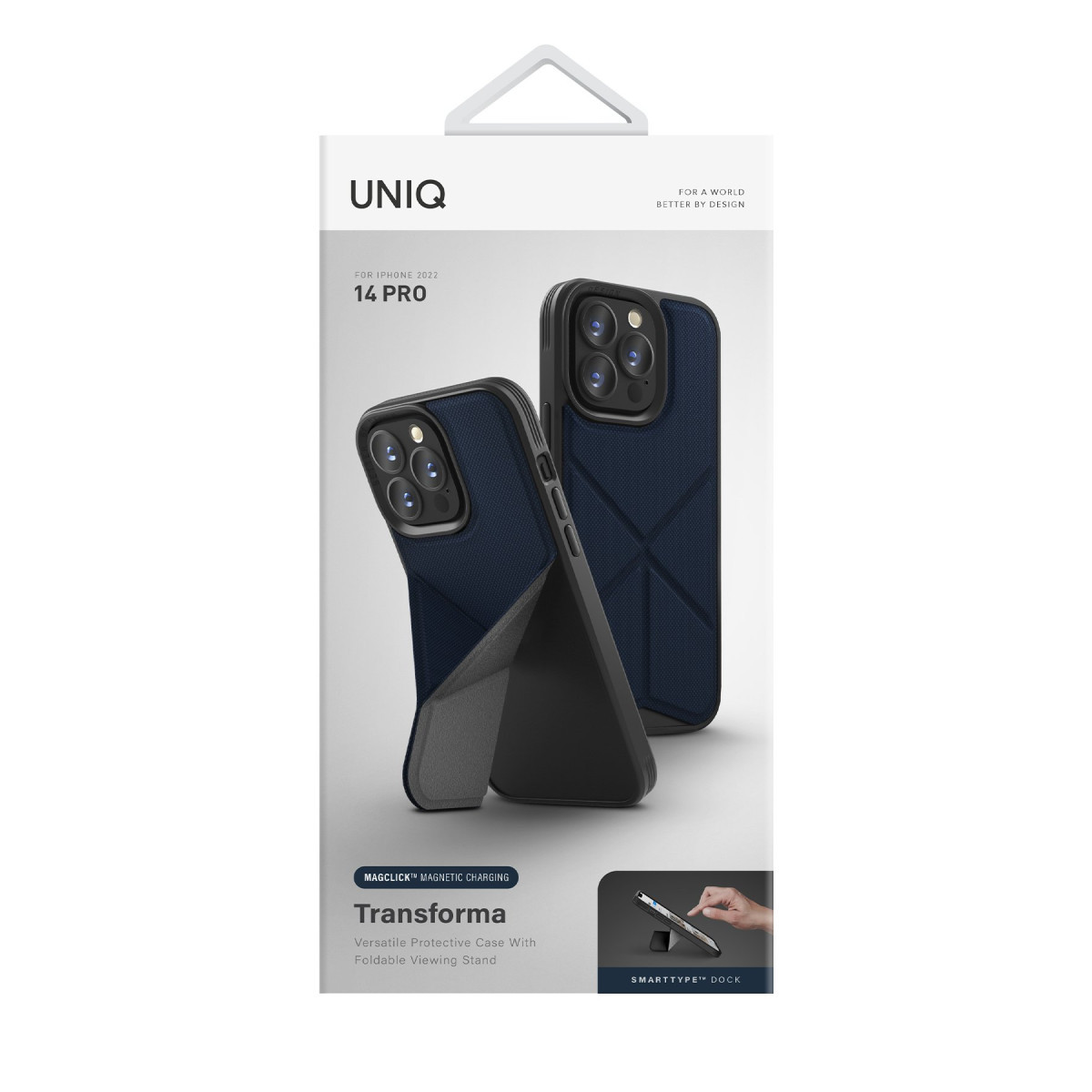 UNI_Q tarafından katlanabilir standlı mavi iPhone 14 Pro Transforma koruyucu kılıf için ambalaj.