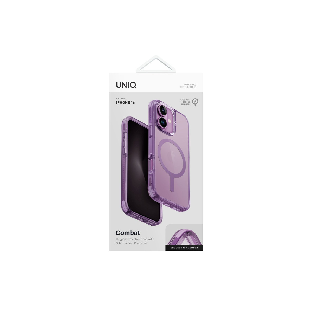 Mor iPhone 16 koruyucu kılıf için ambalaj, UNIQ marka adı ve Combat yazısı ile.