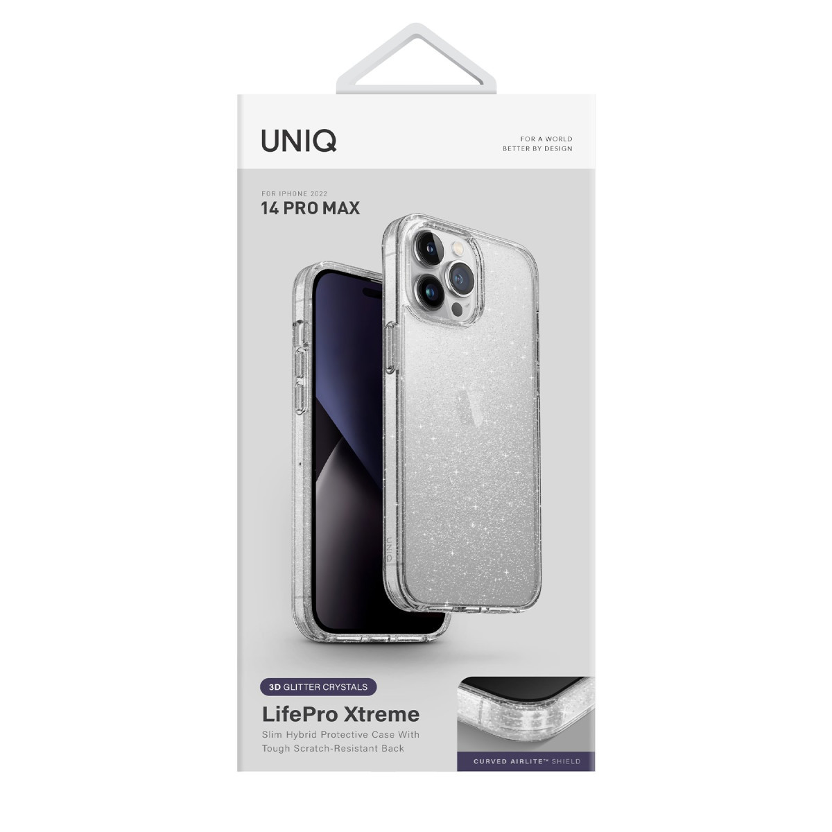 iPhone 14 Pro Max için Uniq LifePro Xtreme simli telefon kılıfı ambalajı ve ürün görselleri.