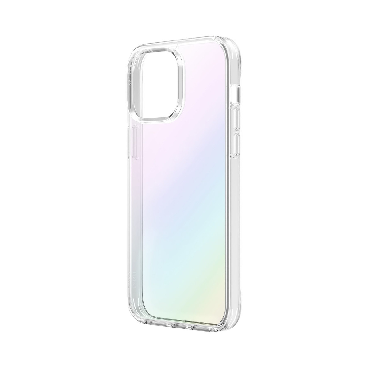 Beyaz arka planda pastel tonlarında parlayan, şeffaf ve yanardöner bir telefon kılıfı.