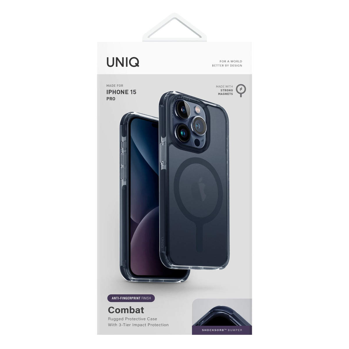 Manyetik halkalı iPhone 15 Pro için koyu mavi Uniq Combat koruyucu kılıfın ambalajı.
