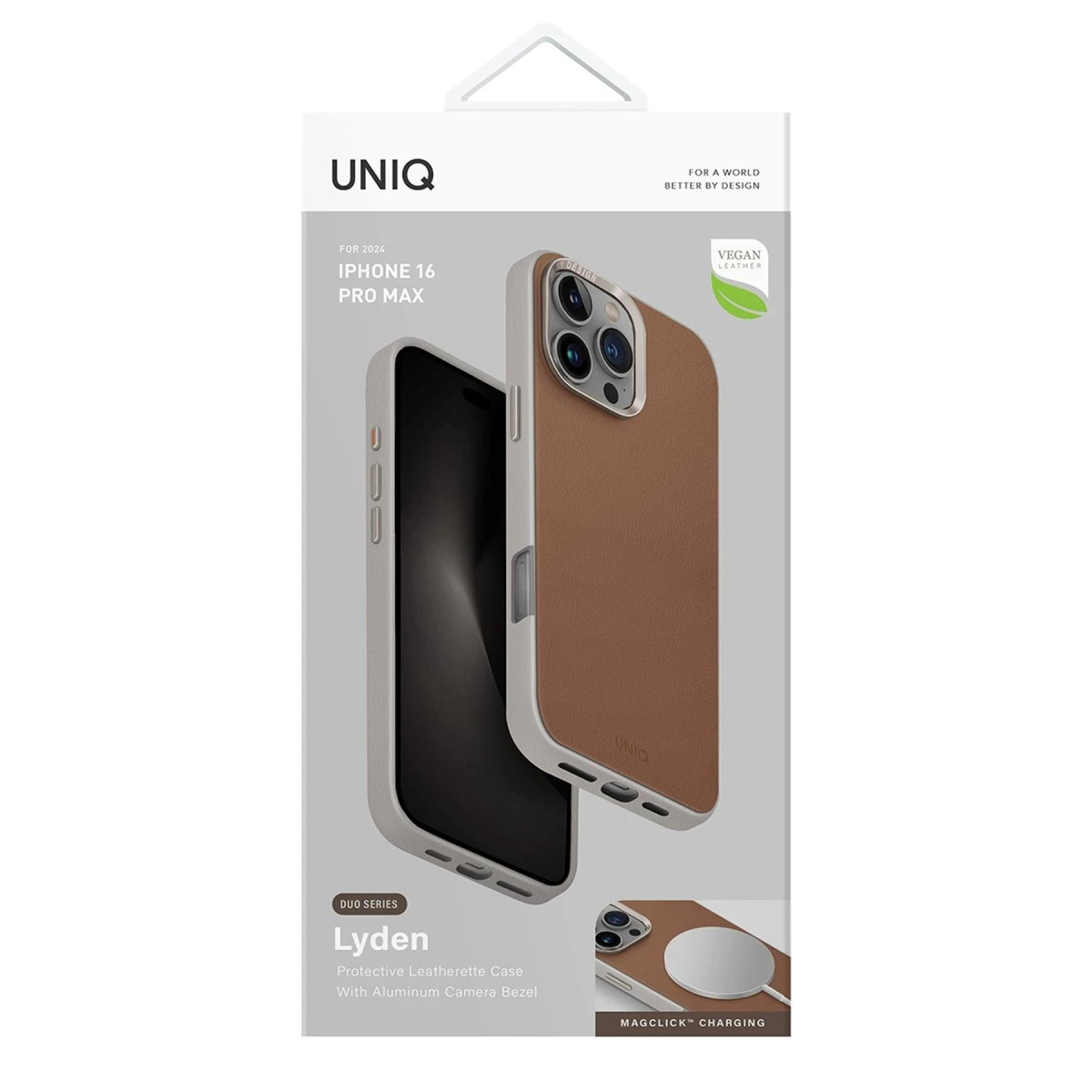 Alüminyum kamera çerçeveli kahverengi suni deri iPhone 16 Pro Max kılıfının ambalajı.