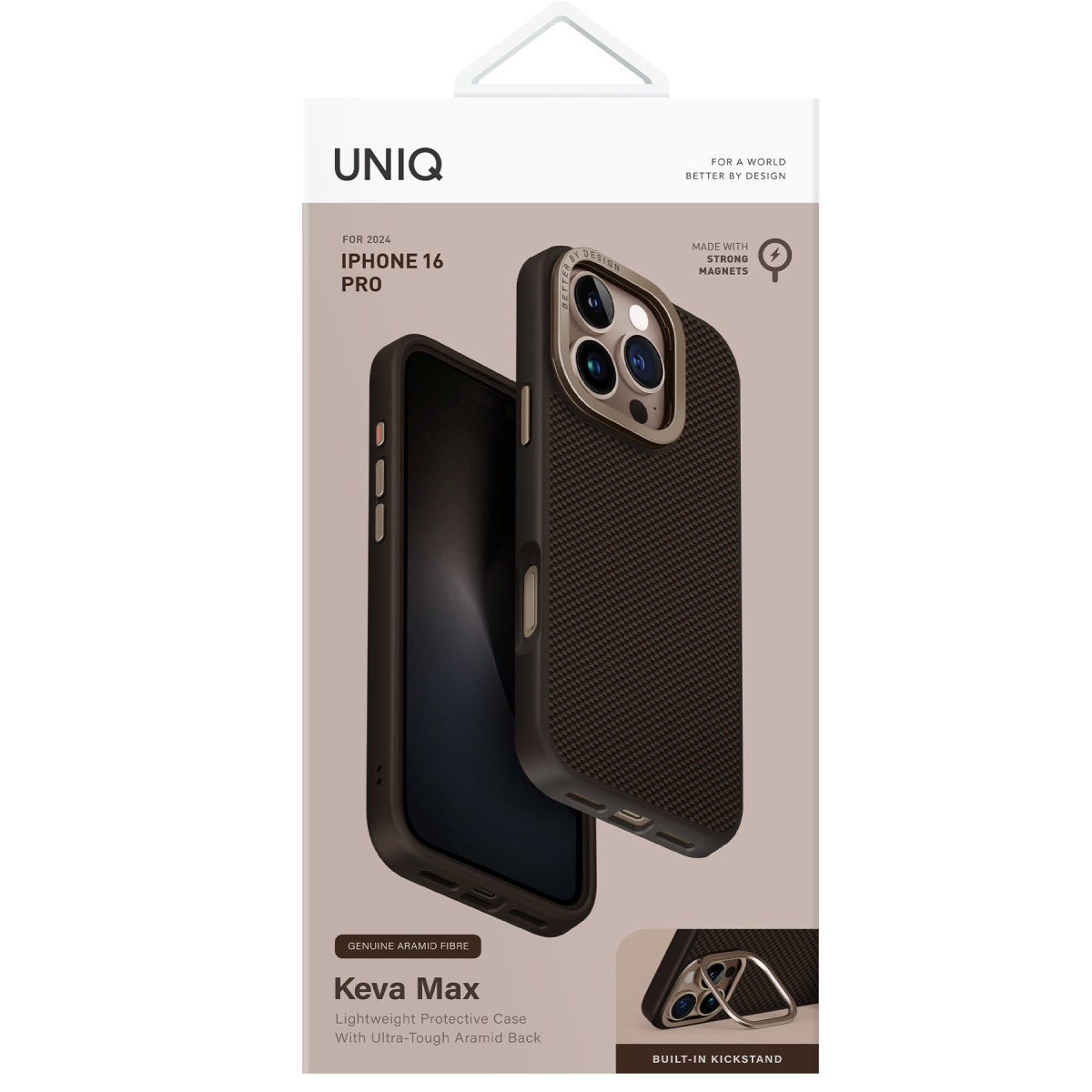 Destek çubuklu Uniq Keva Max iPhone 16 Pro kılıfı ambalajı.