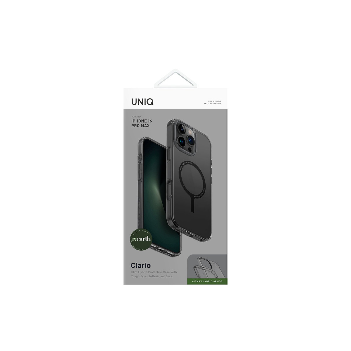 Şeffaf tasarımlı iPhone 16 Pro Max için Uniq Clario Slim Hibrit Koruyucu Kılıf ambalajı.