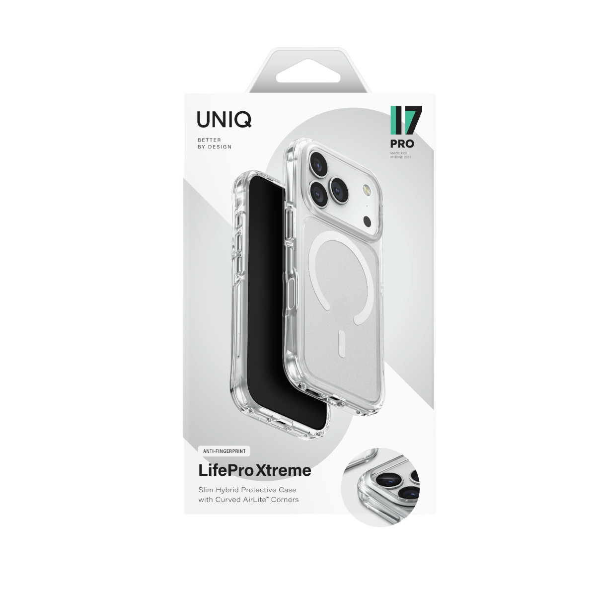 İçinde telefon bulunan Uniq LifePro Xtreme şeffaf koruyucu kılıf ambalajı.