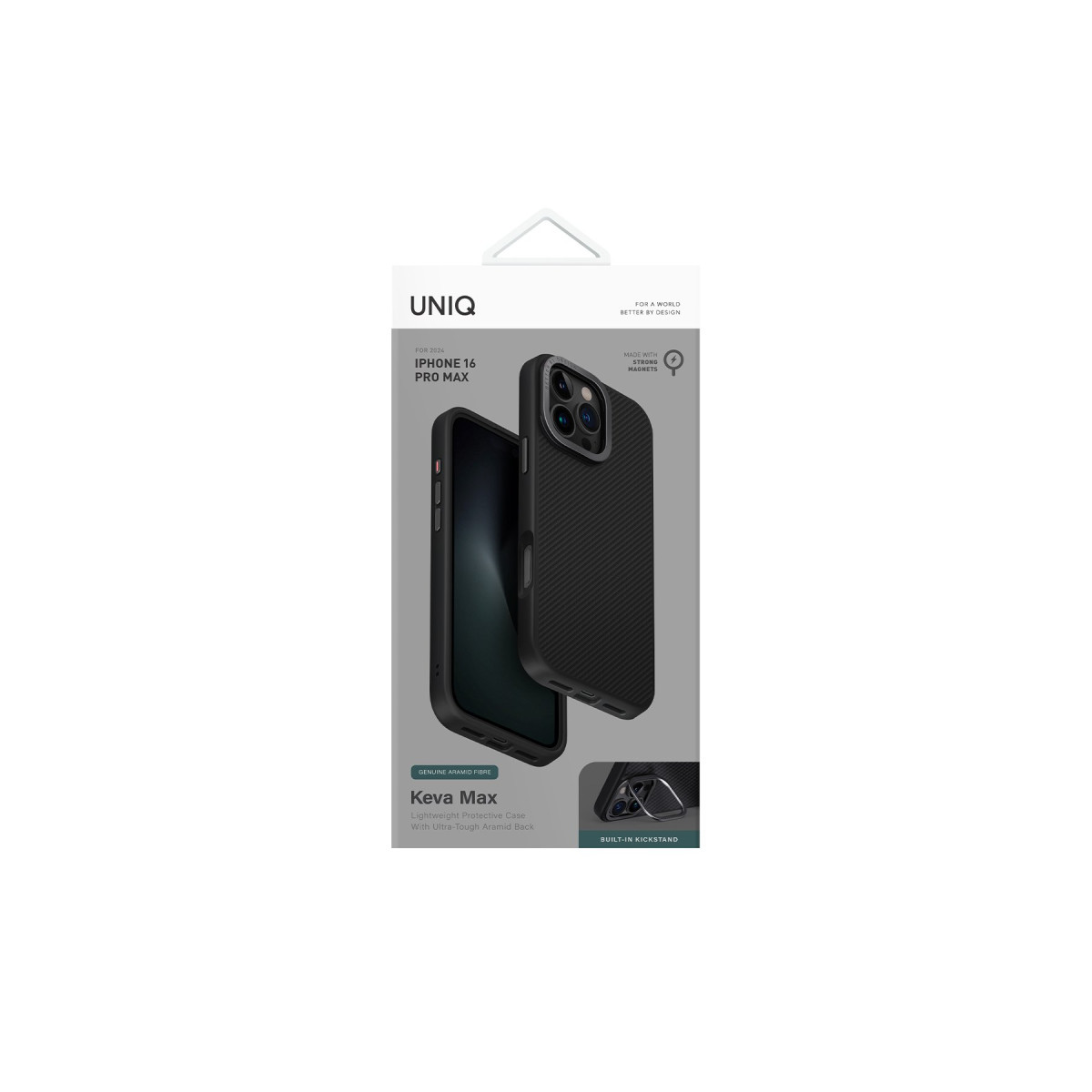 Siyah renkli Uniq Keva Max iPhone 16 Pro Max kılıfı ambalajı.