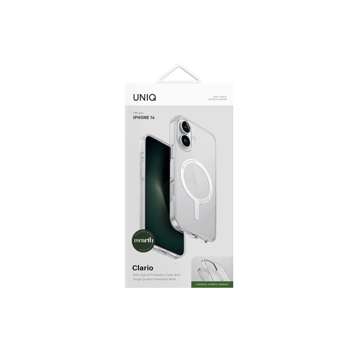 Şeffaf tasarımlı iPhone 16 için UNIQ Clario hibrit koruyucu kılıf ambalajı.