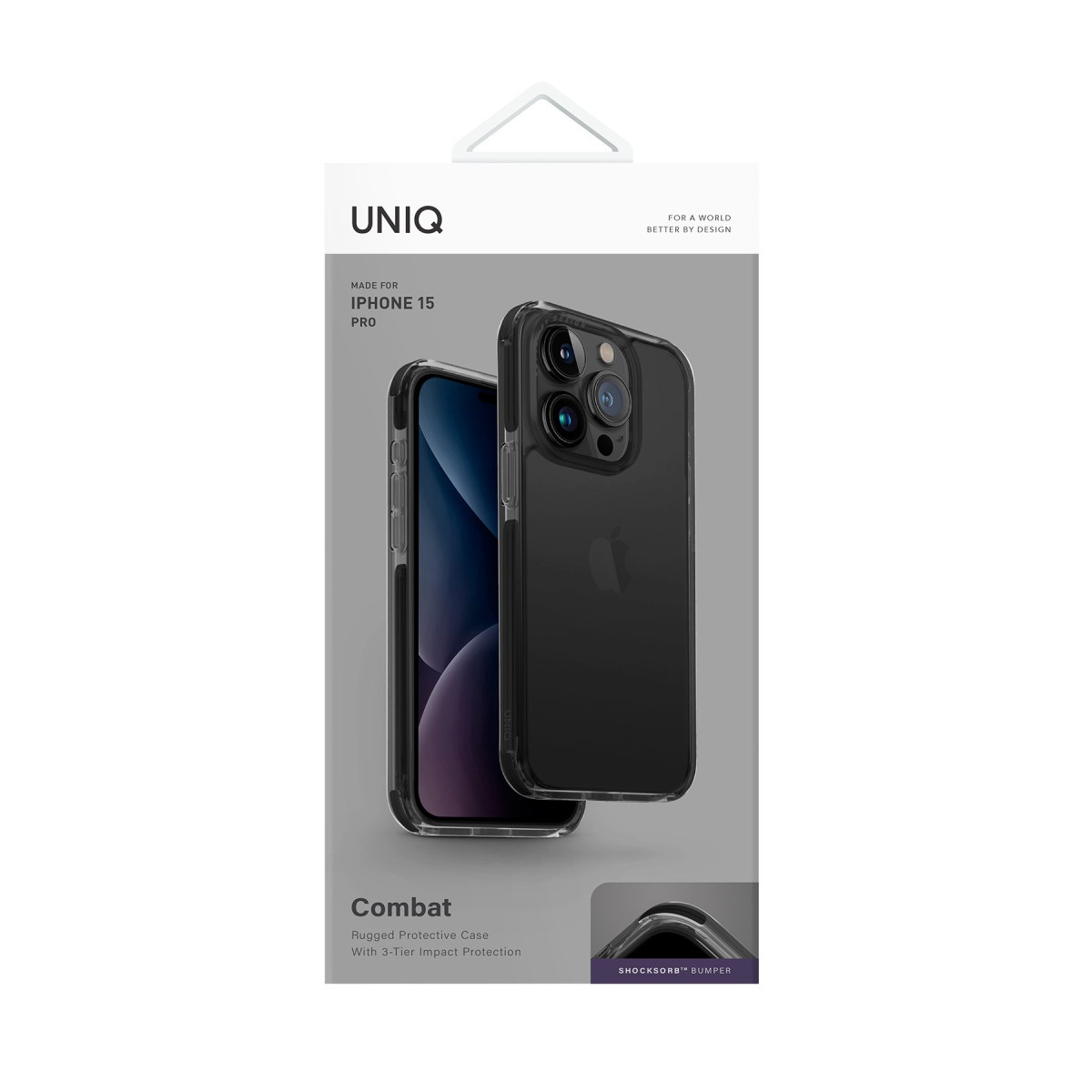iPhone 15 Pro için Uniq Combat koruyucu kılıf ambalajı, kılıfın önünü ve arkasını gösteriyor.