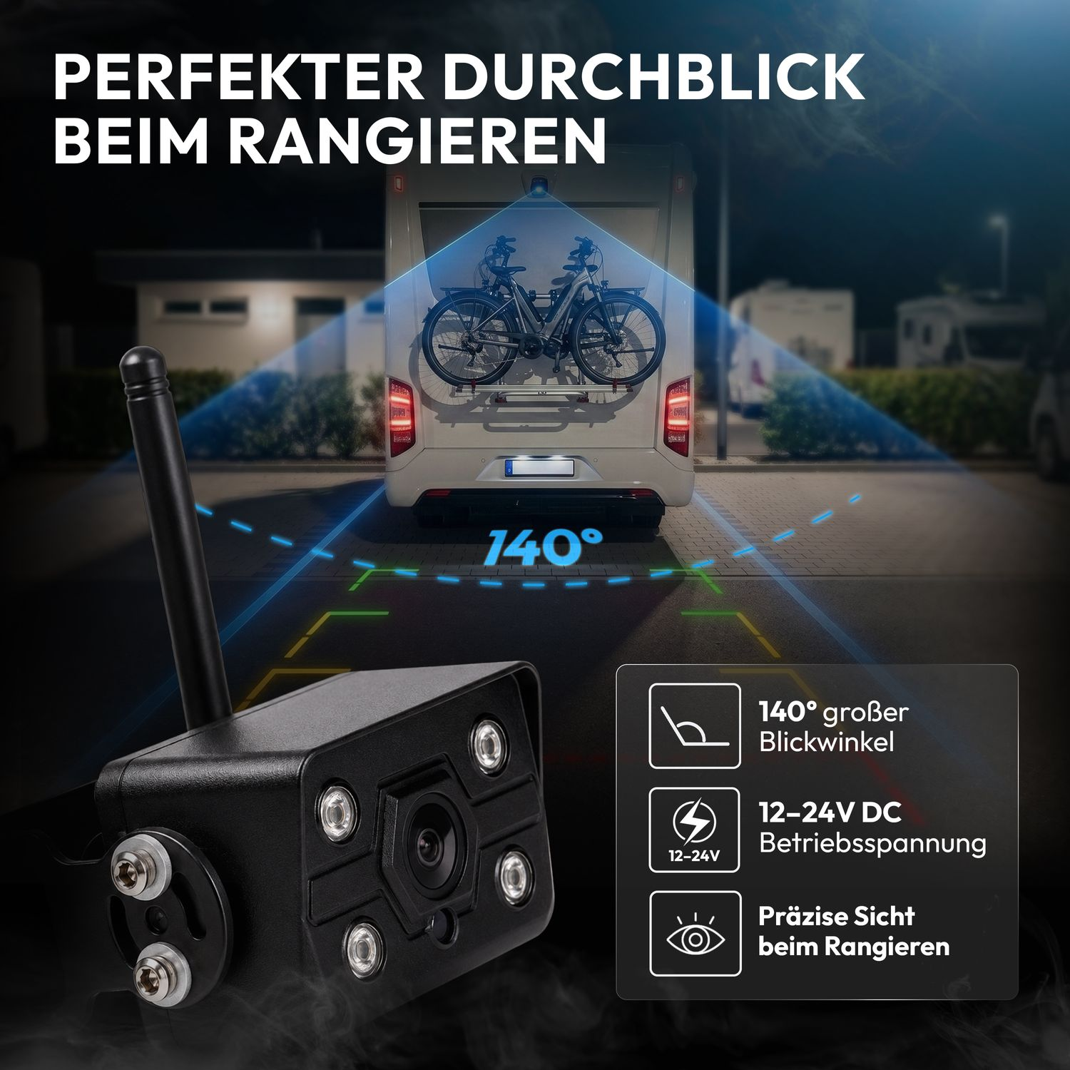 Eine Rückfahrkamera im Vordergrund mit 140-Grad-Sichtfeld, die auf das Heck eines Wohnmobils gerichtet ist.