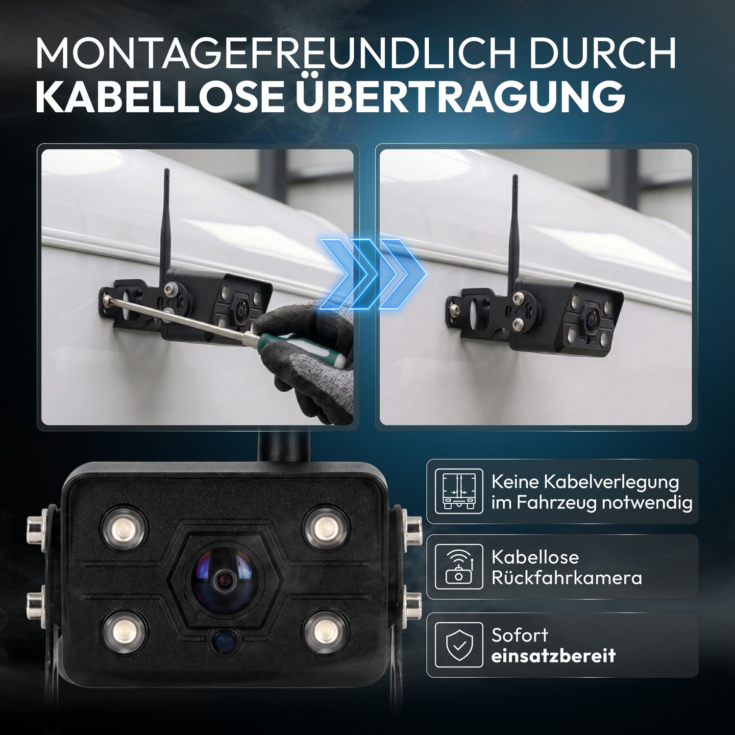 Eine kabellose Rückfahrkamera wird mit einem Schraubenzieher an einem weißen Fahrzeug installiert.