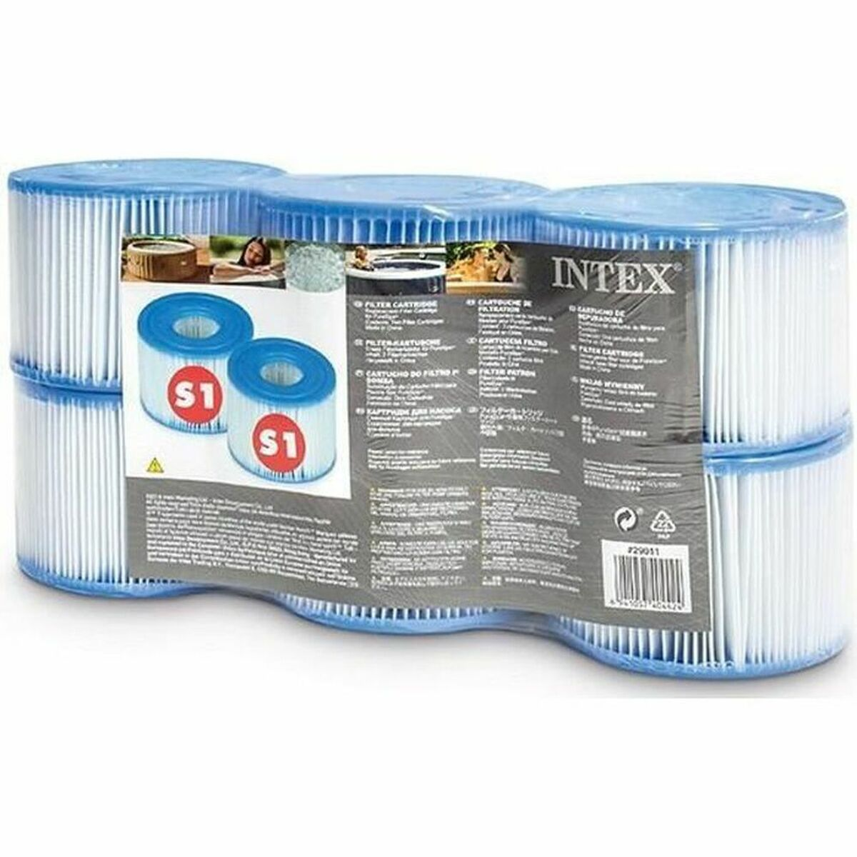Vier in Folie verpackte weiße Intex S1 Poolfilterkartuschen mit blauen Kappen.