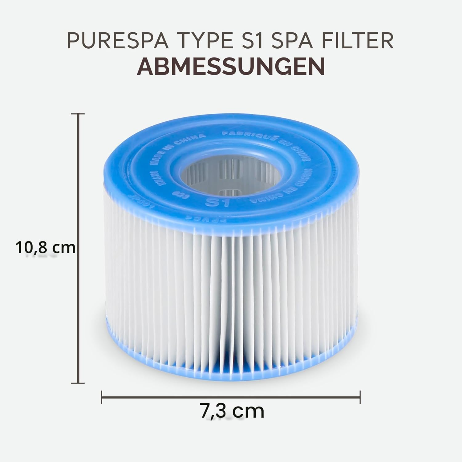 Diagramm zeigt Abmessungen eines blauen und weißen Purespa S1 Spa-Filters mit 10,8 cm Höhe und 7,3 cm Breite.
