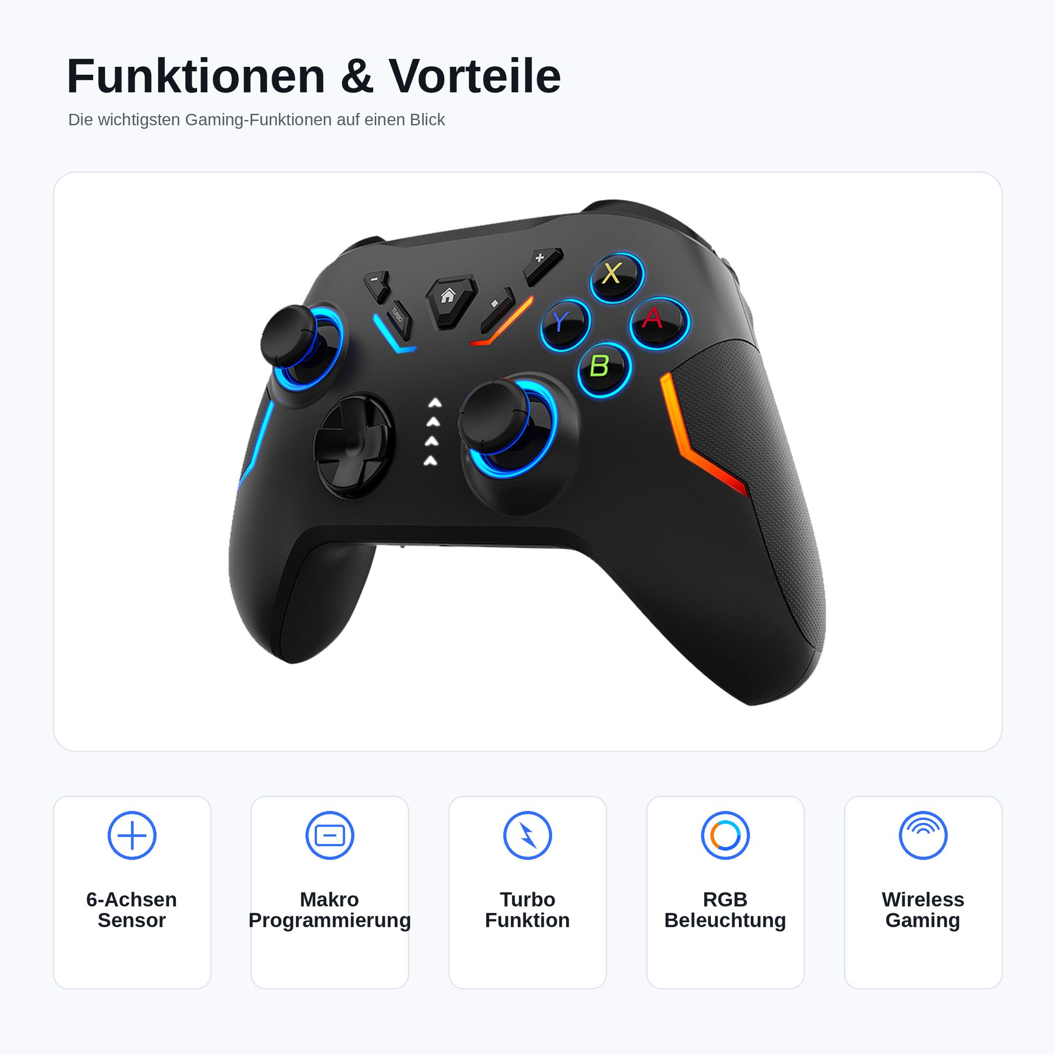 Schwarzer Gaming-Controller mit blauen und roten LED-Akzenten, analogen Sticks und Funktionssymbolen unten.