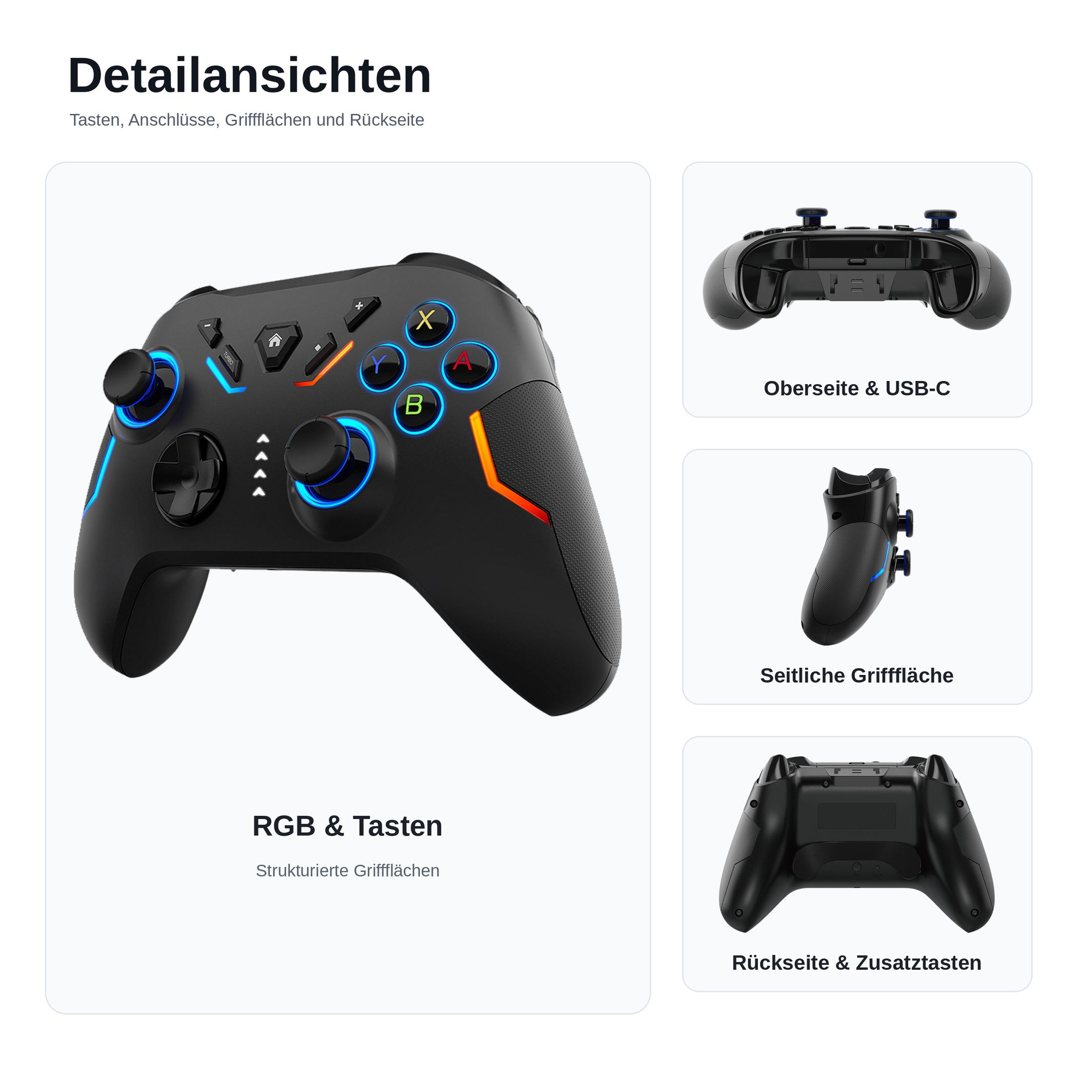 Schwarzer Gaming-Controller mit RGB-Beleuchtung, strukturierten Griffen und Detailansichten.